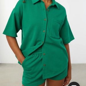 Oak and Fort Short Sleeve Button Up and Elastic Short Set.